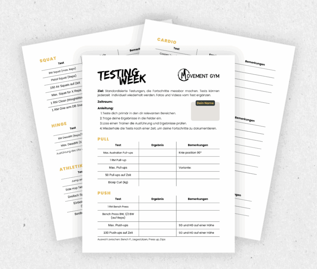 Movement Gym Testing Week Zettel Krafttraining für Frauen
